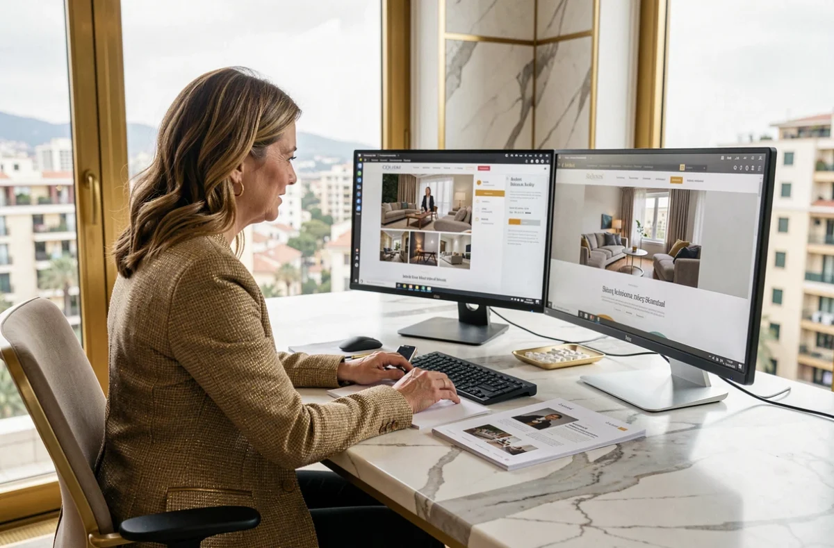 Directrice créative de l'agence 7 Gold Agency dans un bureau haut de gamme avec vue sur Nice, entourée d'écrans de design web