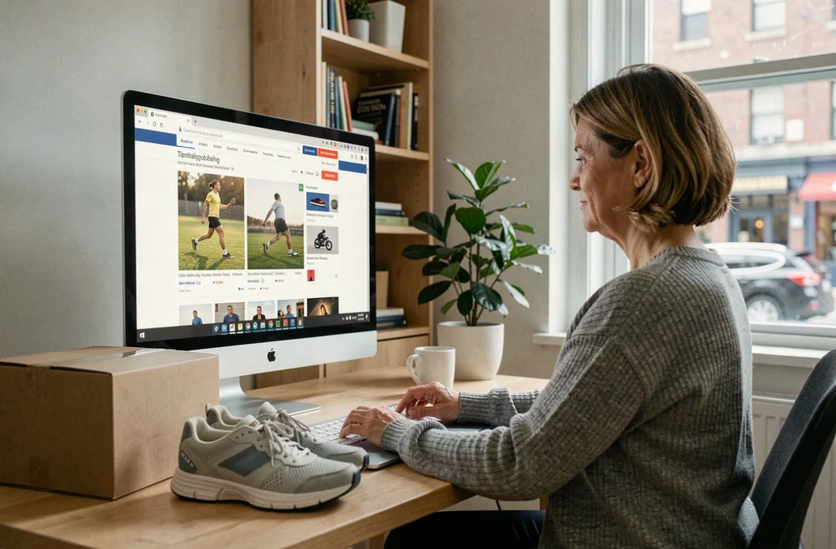 Femme achetant des équipements sportifs en ligne depuis son bureau à domicile, avec un colis livré posé à côté