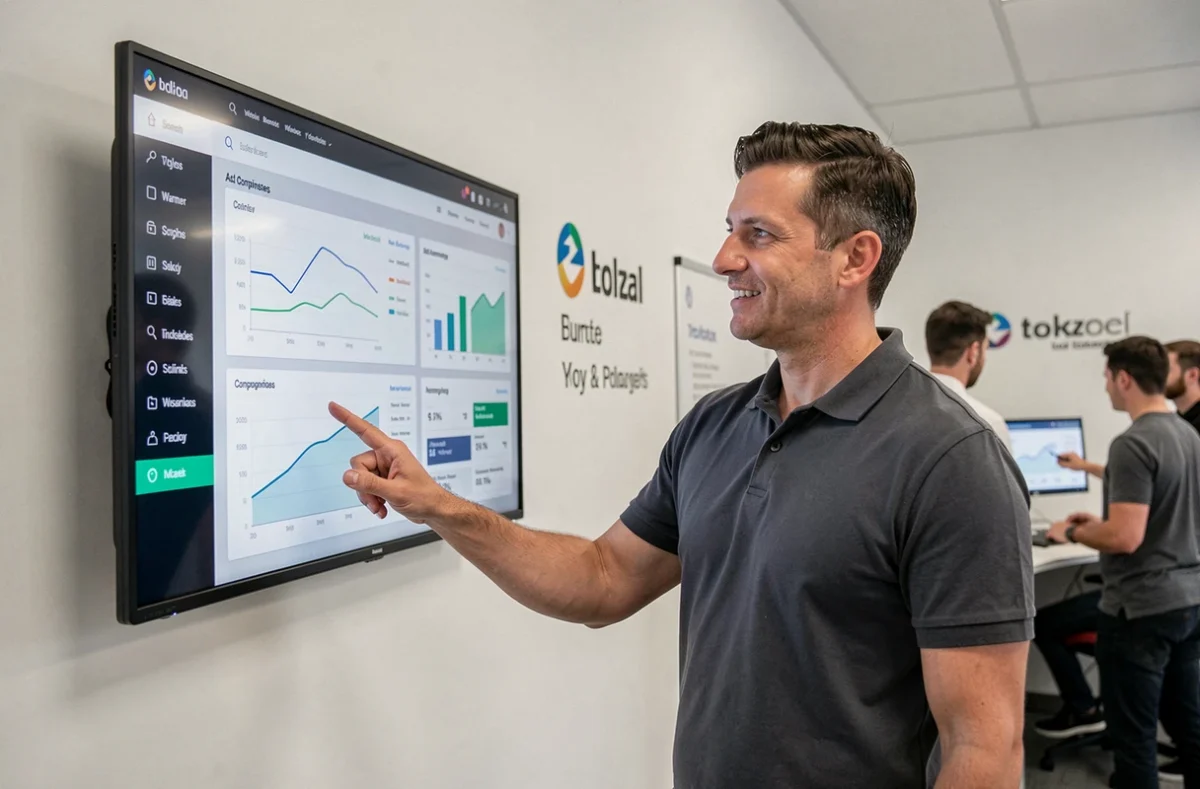 Spécialiste en publicité digitale d'AdQuality présentant des tableaux de bord de performance de sites web dans les bureaux de l'agence