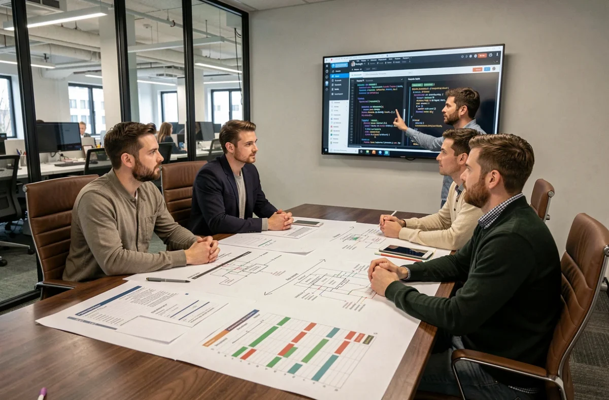Équipe technique de l'agence Adveris en réunion autour de schémas d'architecture pour un projet web complexe et sur mesure à Lille