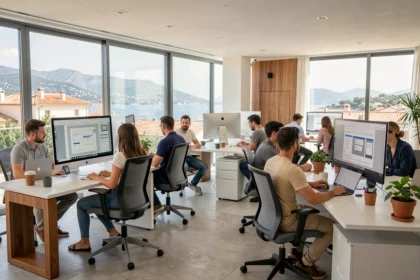 Équipe d'une agence de création de sites internet dans les Alpes-Maritimes travaillant dans un espace moderne avec vue sur la Côte d'Azur