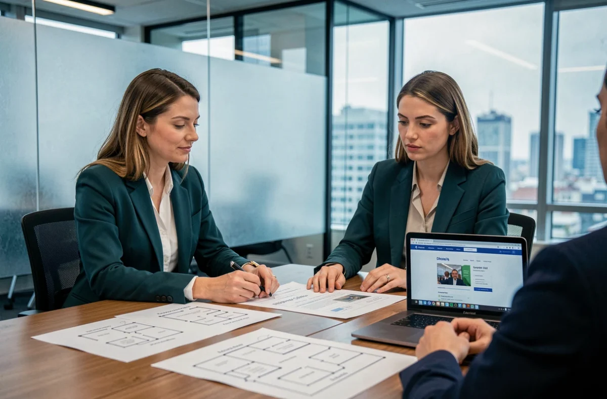 Designer UX de l'agence KZN en réunion de consultation avec un client, révisant des maquettes de site imprimées dans une salle de conférence moderne