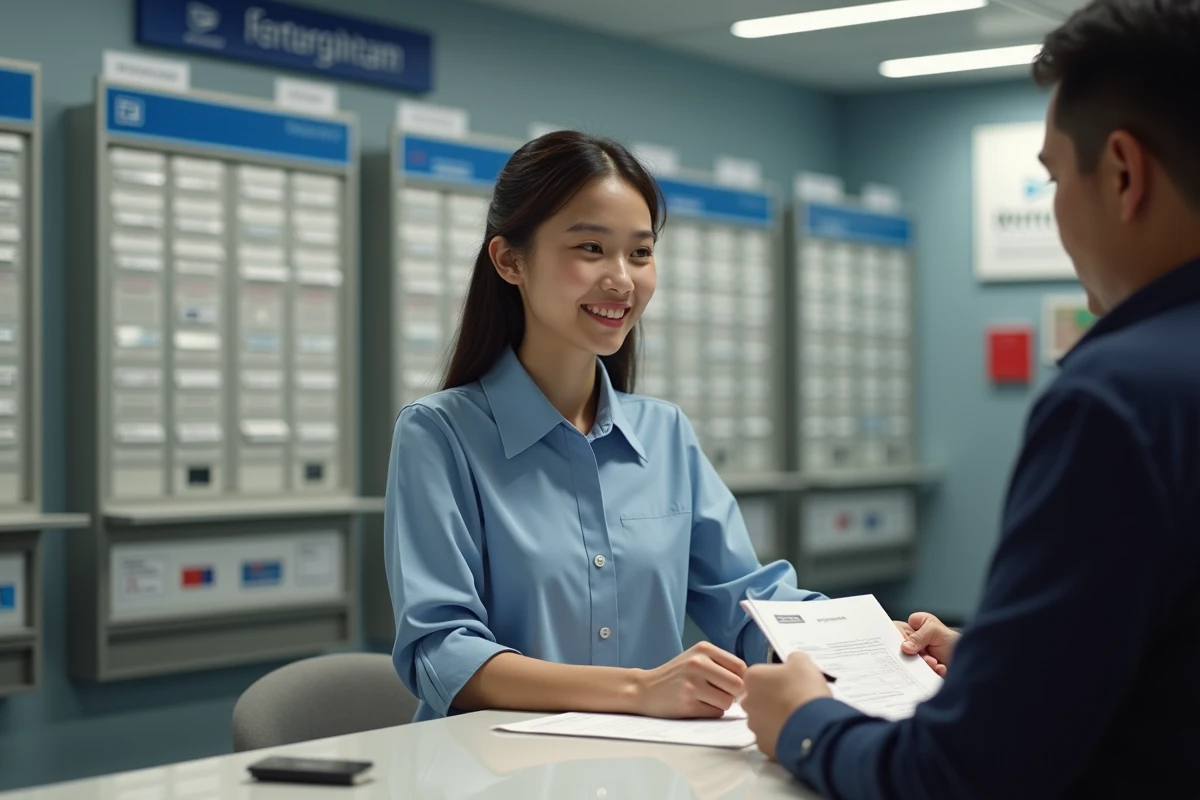 Agent postal aidant un client au guichet de la poste