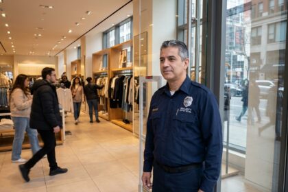 Agent de sécurité en uniforme bleu marine posté à l'entrée d'un magasin de vêtements moderne, surveillant les allées et venues des clients