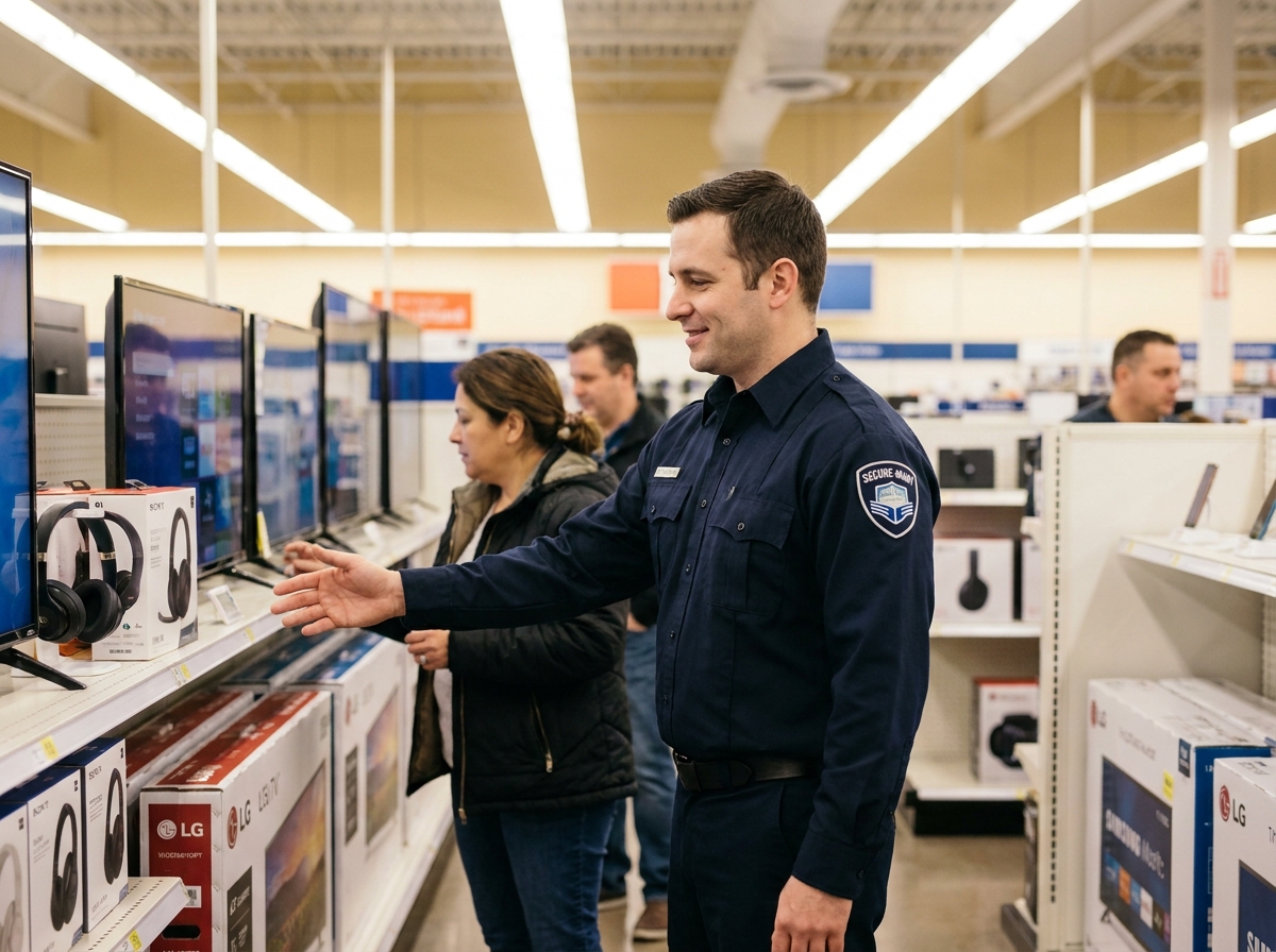 Agent de sécurité en uniforme noir interagissant avec un client dans le rayon électronique d'un grand magasin