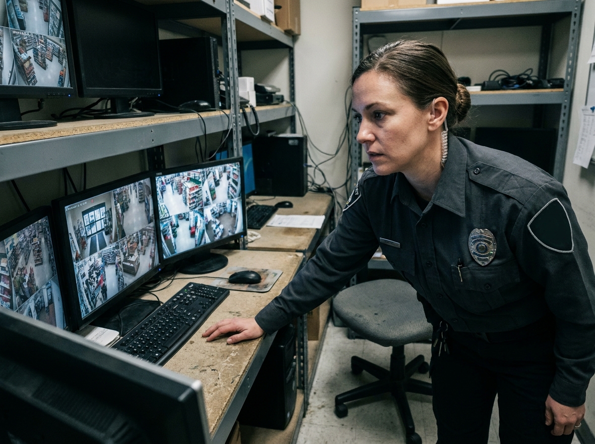 Agente de sécurité surveillant les caméras de vidéosurveillance dans la salle de contrôle d'un supermarché