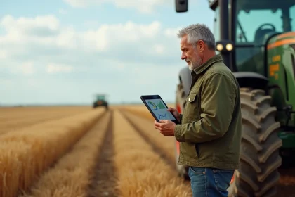 Agriculteur tenant une tablette affichant un portail de gestion agricole dans un champ de blé lors de la moisson