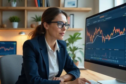 Femme analyste professionnelle étudiant des données d'entreprise sur un écran d'ordinateur dans un bureau moderne