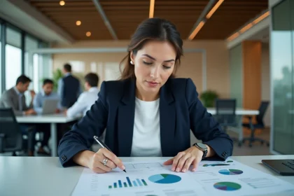 Analyste financière examinant des documents de risque entreprise dans un bureau moderne
