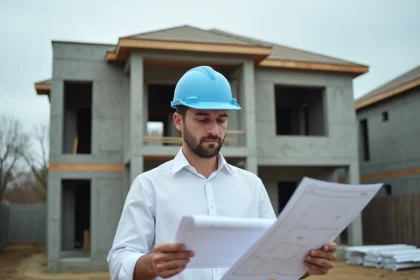 Architecte de chantier analysant des plans de construction sur un site résidentiel en 2026