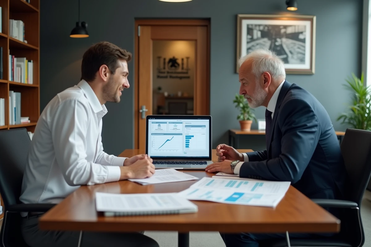 Employé présentant un dossier de proposition logicielle à son directeur dans un bureau professionnel
