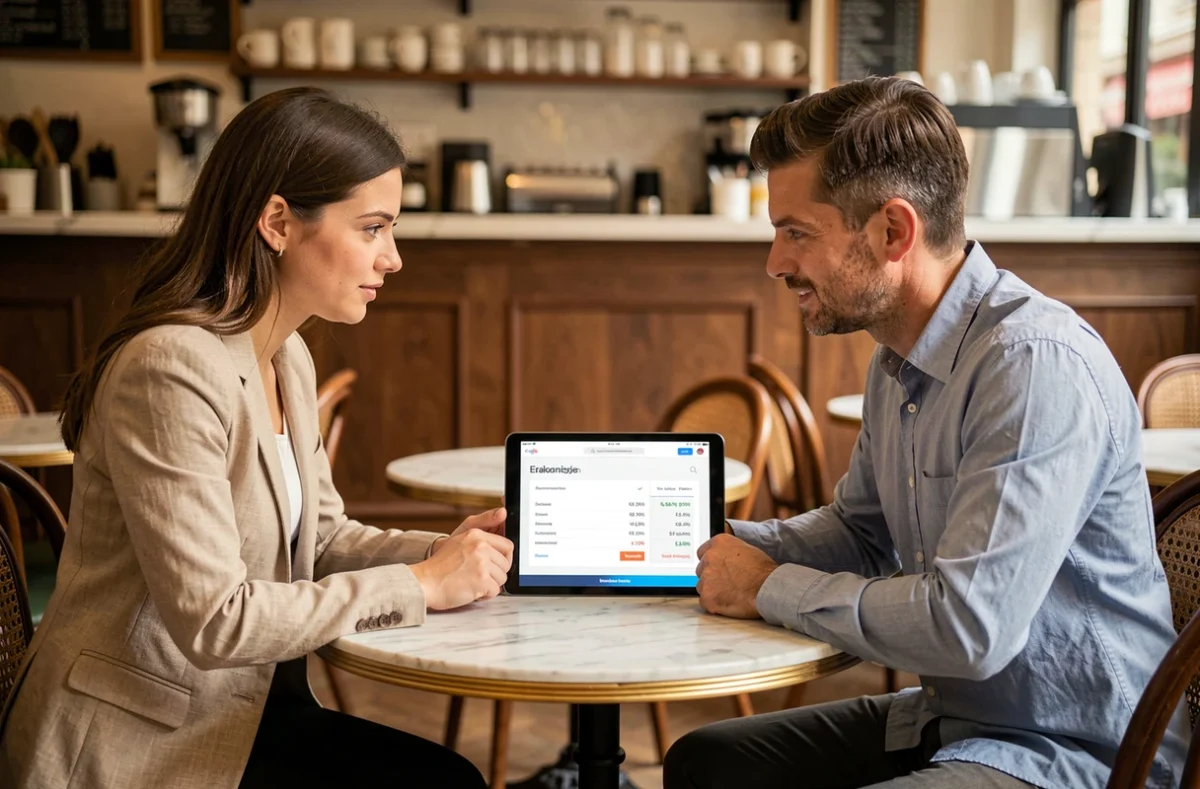 Deux associés discutant des options tarifaires gratuites et payantes d'un service digital dans un café parisien