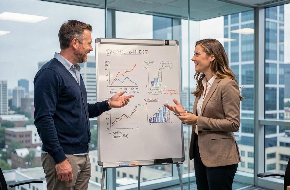 Deux associés discutant d'un tableau de bord financier lors d'une réunion de planification pour la création de leur entreprise en 2026