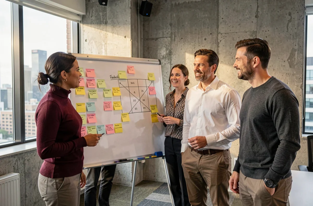 Équipe professionnelle diversifiée participant à un atelier de feedback constructif devant un tableau blanc avec des post-its, dans une salle de réunion contemporaine