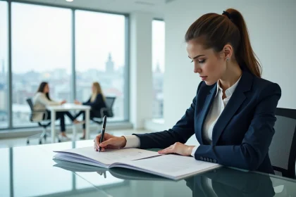 Femme d'affaires française examine des documents juridiques