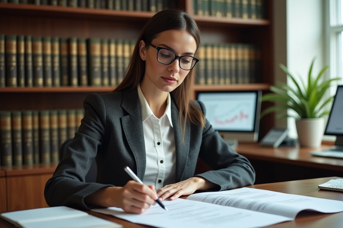 Avocate spécialisée en droit des affaires analysant un contrat de fusion-acquisition dans un bureau juridique