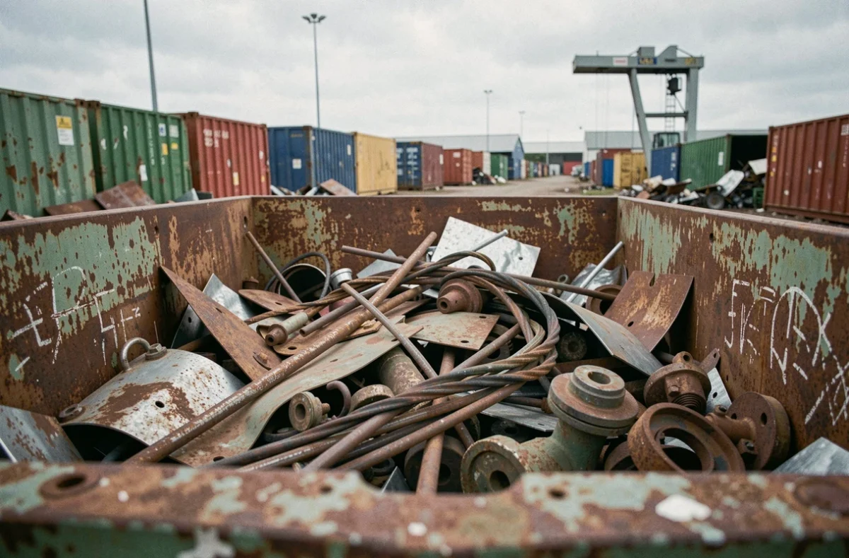 Benne de ferraille mixte en plein air dans une casse métallurgique avec station de pesée en arrière-plan