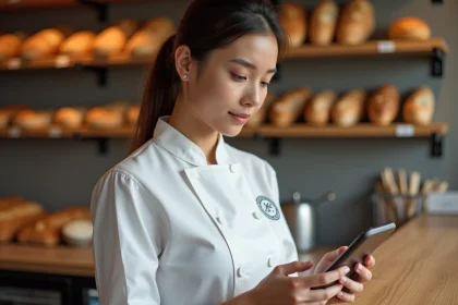 Boulangère en uniforme blanc consultant l'intranet Marie Blachère sur son smartphone dans une boulangerie