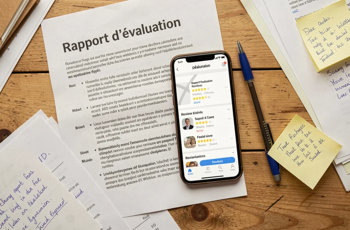Vue aérienne d'un bureau de travail avec rapport d'évaluation imprimé, smartphone affichant des avis en ligne et notes manuscrites, enquête ZOZIMALLETOM LTD 2026