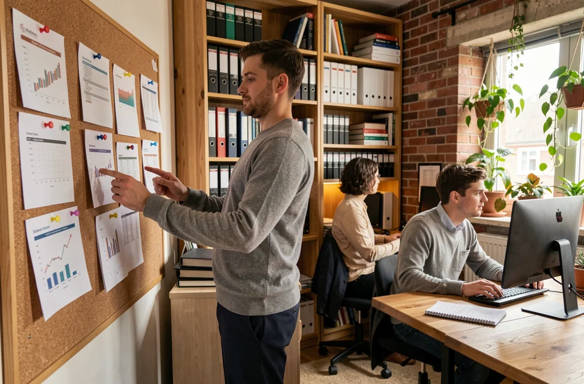 Comptable en cabinet de taille moyenne examinant des rapports financiers dans un bureau chaleureux et collaboratif, illustrant les avantages d'une structure à taille humaine pour débuter