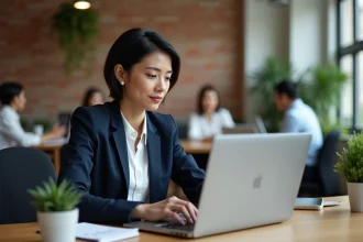 Cadre en reconversion professionnelle utilisant une plateforme numérique sur son ordinateur portable dans un espace de coworking moderne