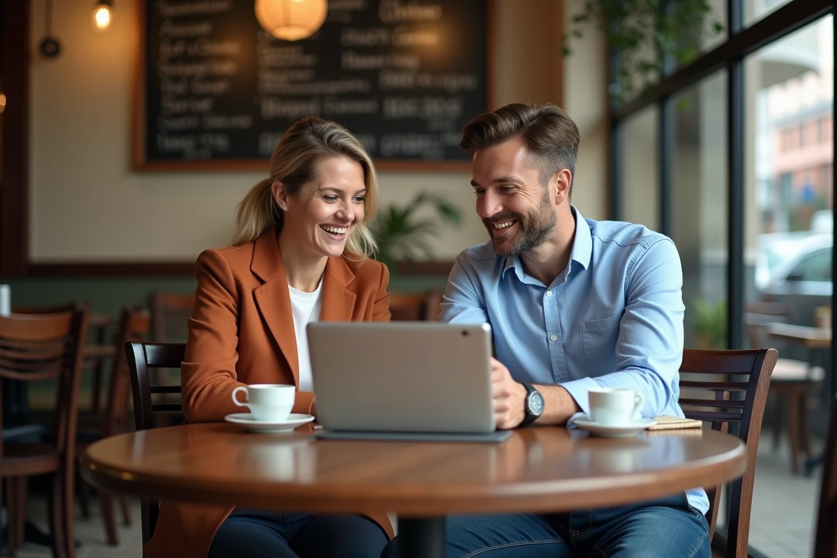 Deux cadres en reconversion professionnelle collaborant autour d'une plateforme de développement de carrière sur une tablette dans un café urbain