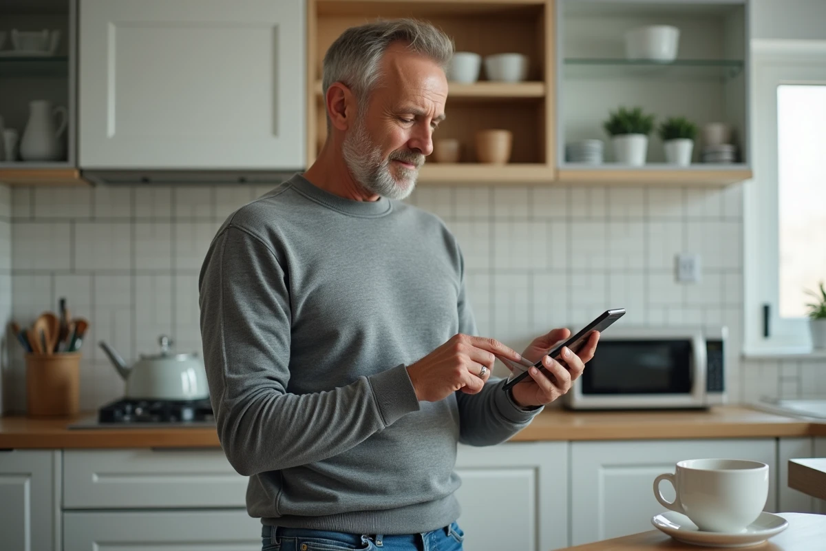 Homme consultant une application mobile pour calculer ses heures de travail à temps partiel dans sa cuisine