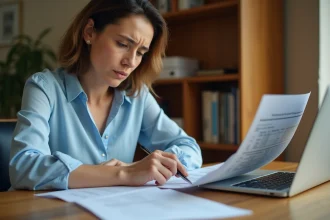 Femme en télétravail calculant ses heures de travail à temps partiel sur des documents imprimés