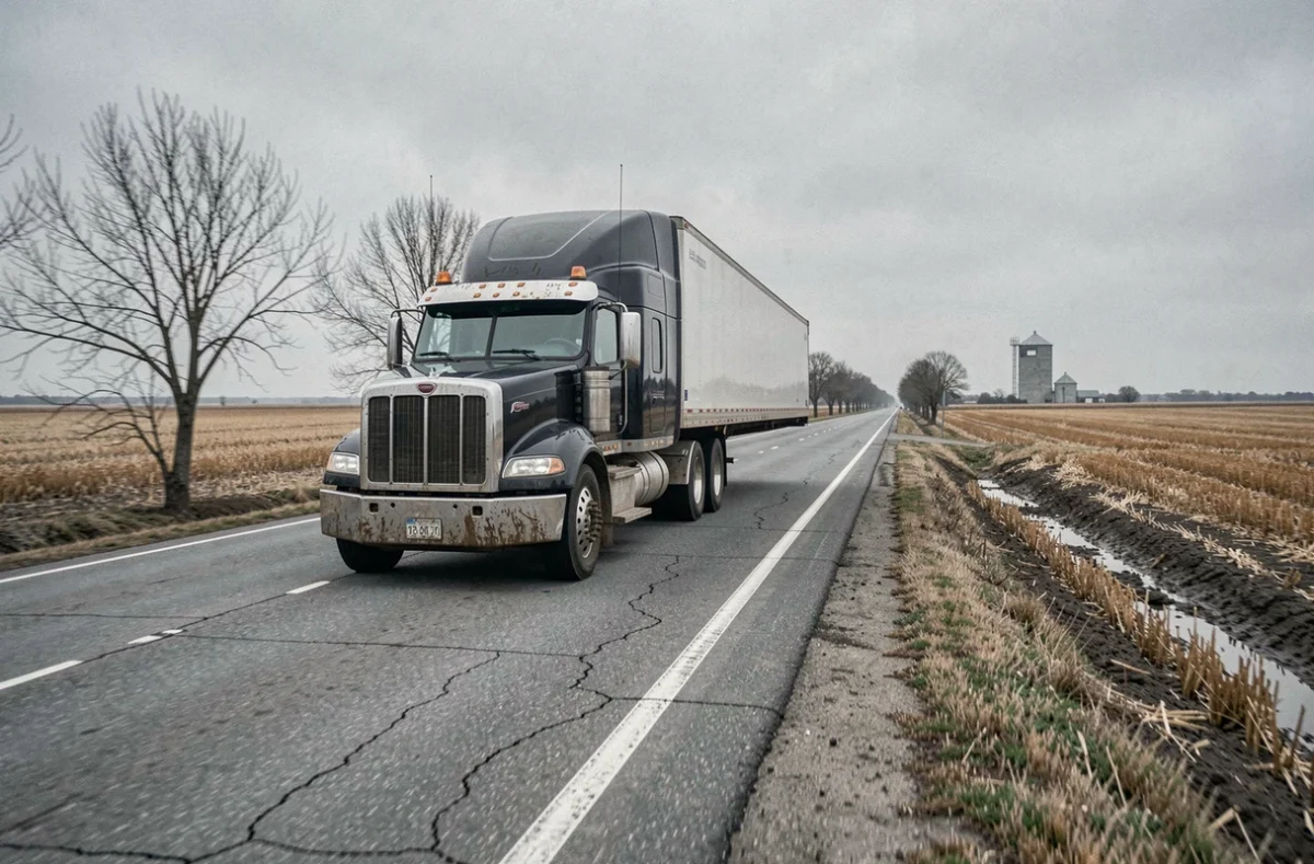 Camion de transport routier longue distance sur une route nationale traversant une campagne agricole en automne