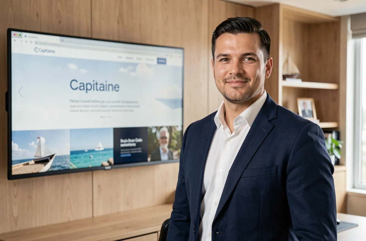Chef de projet web de l'agence Capitaine Site devant un écran affichant une maquette de site internet dans un bureau moderne