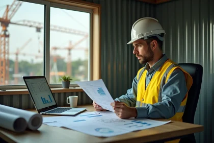 Chef de chantier BTP analysant des prévisions de trésorerie sur ordinateur portable dans une cabine de bureau de chantier