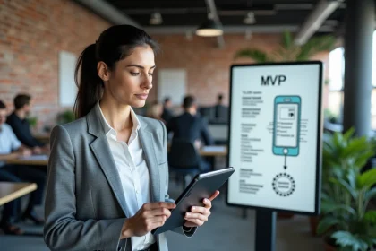 Cheffe de produit SaaS analysant un prototype MVP sur tablette dans un bureau de startup moderne