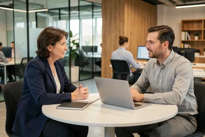 Séance de coaching professionnel entre une manager expérimentée et un collaborateur dans un bureau moderne, illustrant les pratiques de développement des compétences