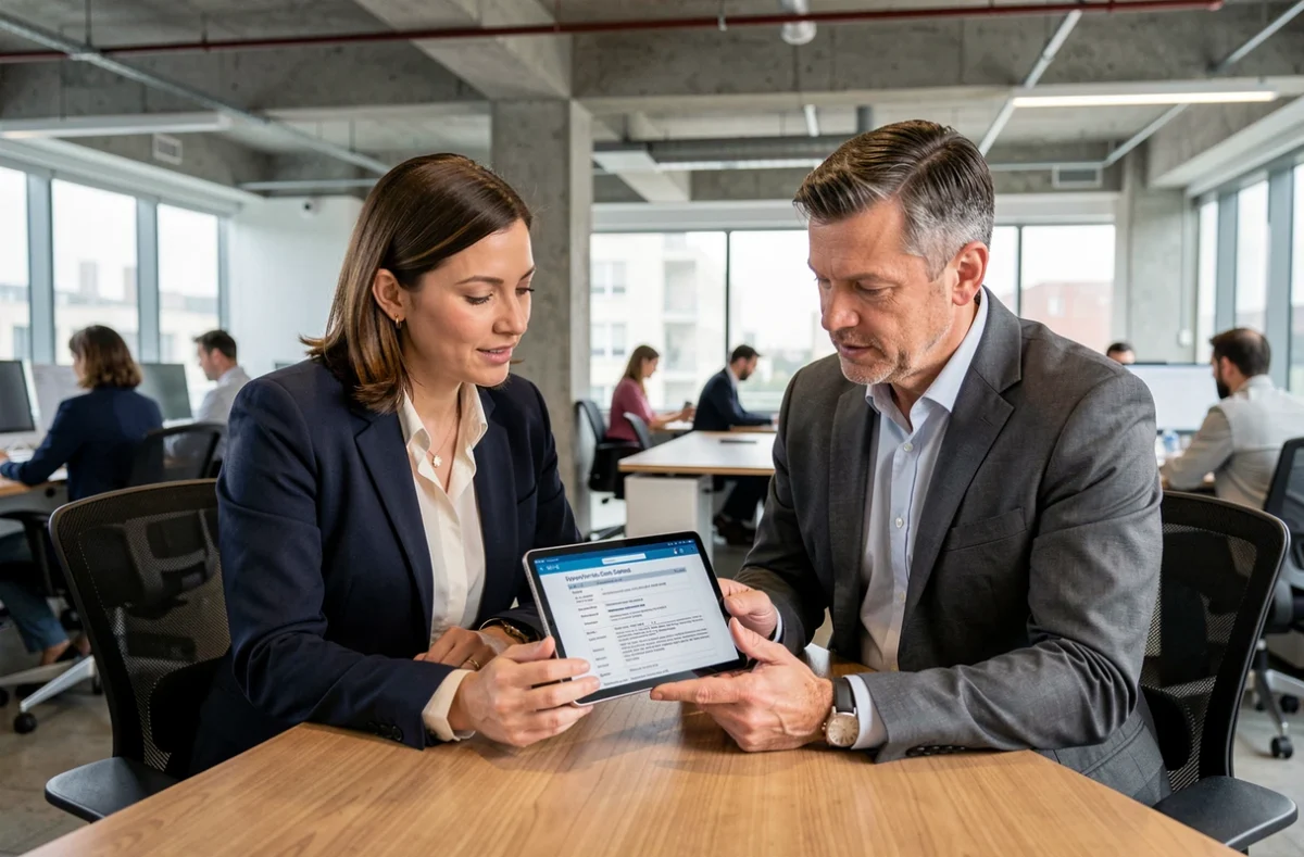 Deux courtiers AXA collaborant sur une tablette affichant une politique de sécurité des accès extranet dans un espace de travail moderne