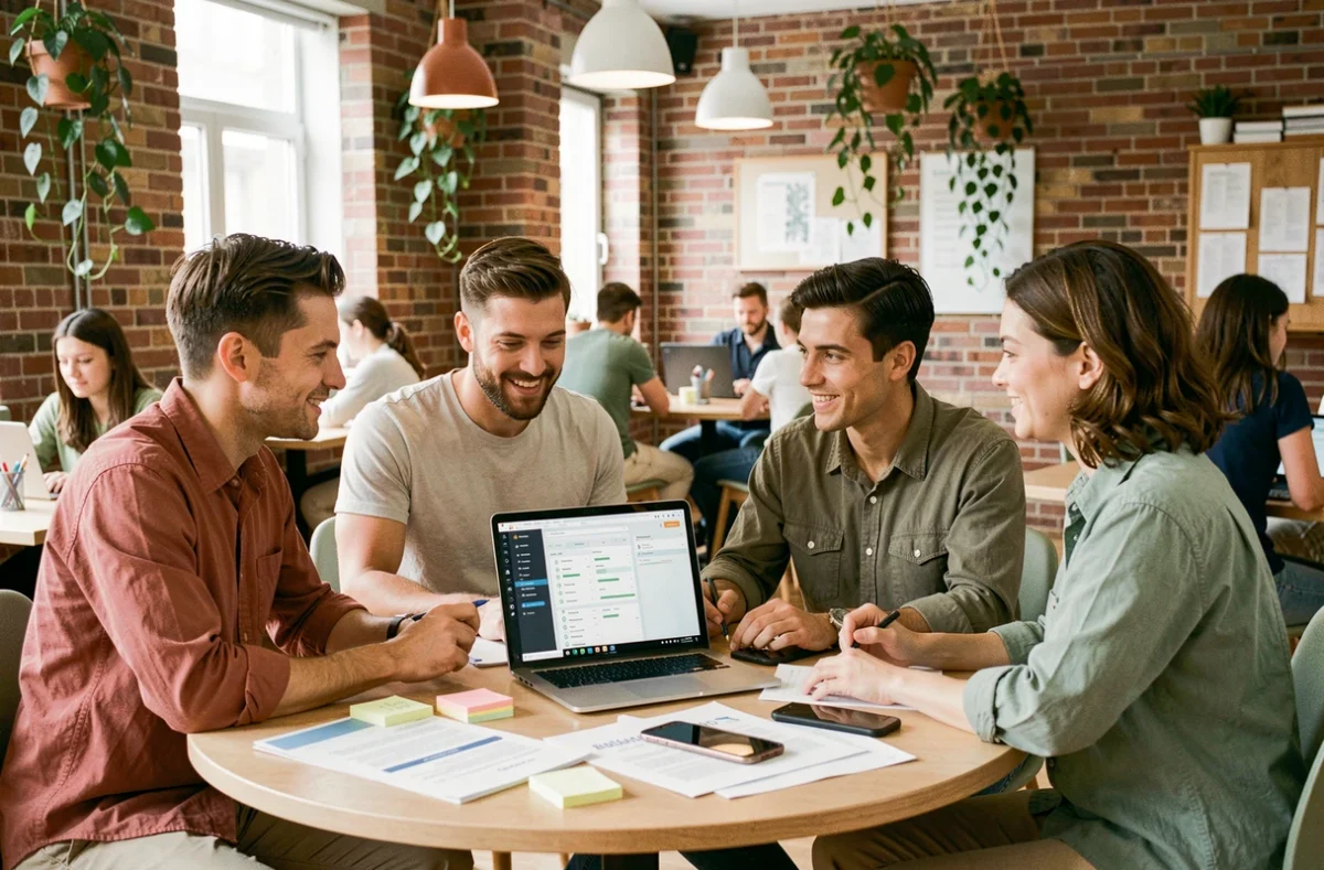 Groupe de professionnels collaborant sur un projet digital en espace de coworking, symbolisant le débat entre agence web et freelance