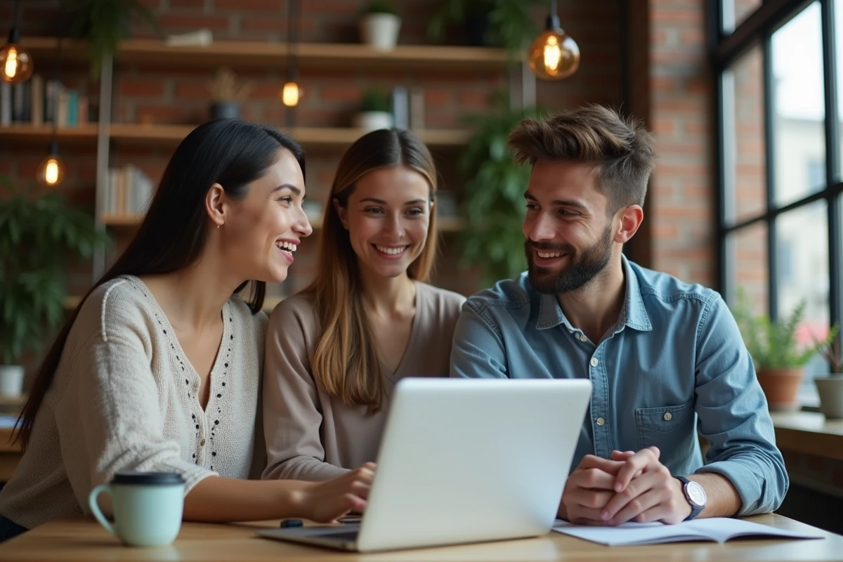 Trois jeunes adultes collaborant avec tablettes dans un espace cosy