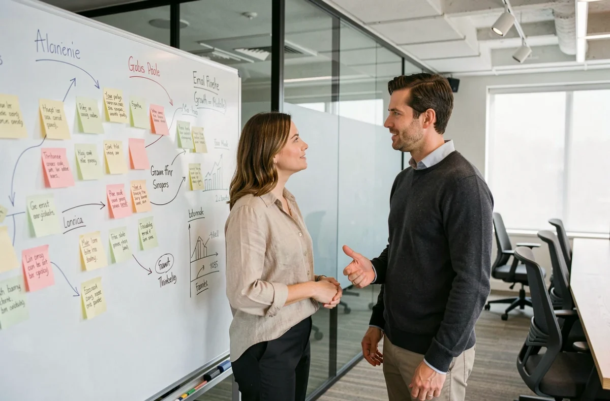 Deux collègues discutant d'un plan de croissance stratégique sur 12 mois devant un tableau blanc dans un espace de coworking