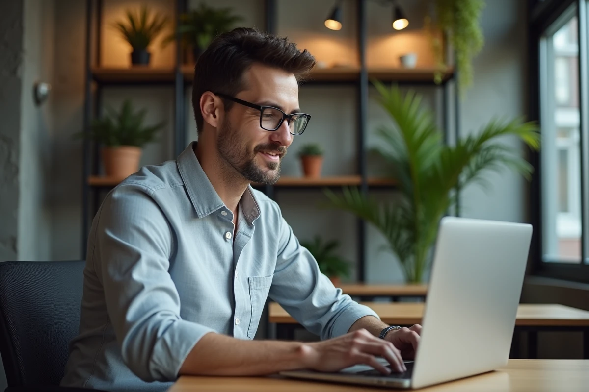 Homme analysant une comparaison de plateformes RH sur son ordinateur portable dans un espace de coworking