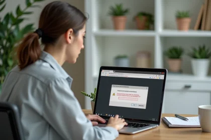 Femme frustrée devant son ordinateur portable affichant un message d'erreur de connexion sur MyPeopleDoc