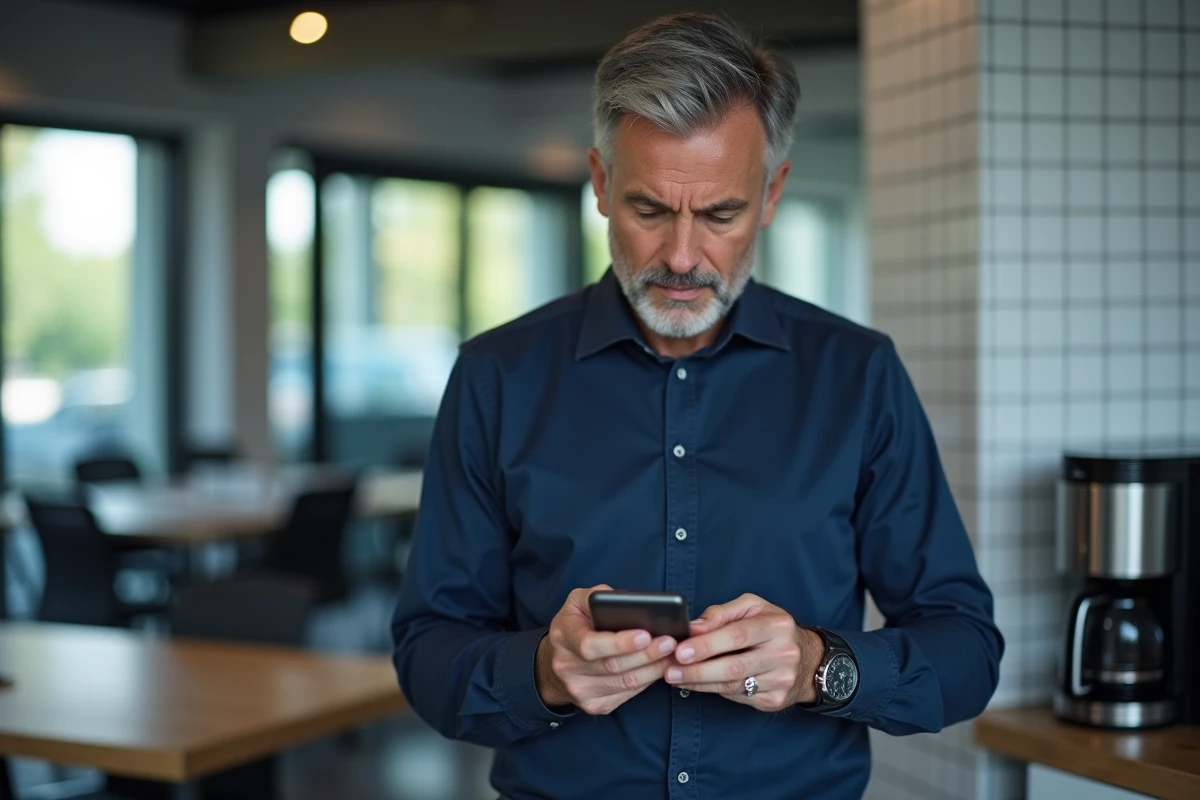 Homme consultant son smartphone affichant un compte MyPeopleDoc bloqué dans une salle de pause de bureau