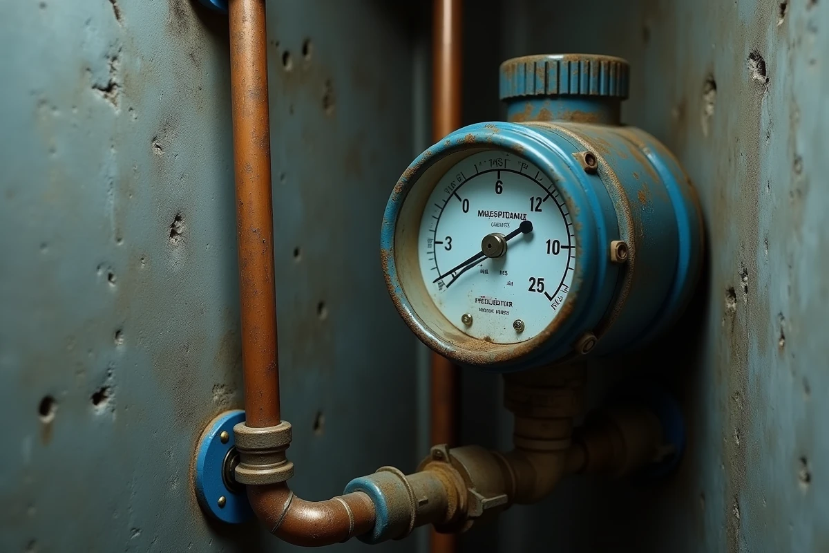 Compteur d'eau dans une cave d'immeuble résidentiel en Île-de-France lié au réseau Franciliane