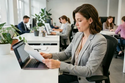 Femme cadre en bureau examinant son planning entre congé trimestriel et heures supplémentaires