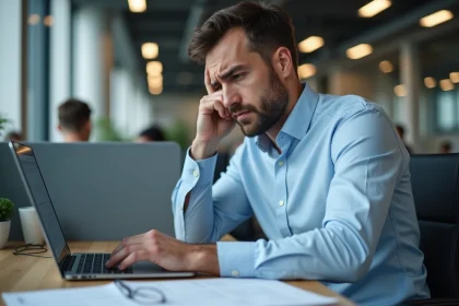 Homme frustré au bureau incapable de se connecter à son compte depuis le travail sur un ordinateur portable
