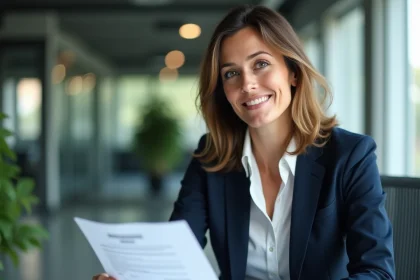 Une conseillère en assurance analyse des documents de protection juridique dans un bureau moderne, illustrant le partenariat entre Brigyt et les assureurs