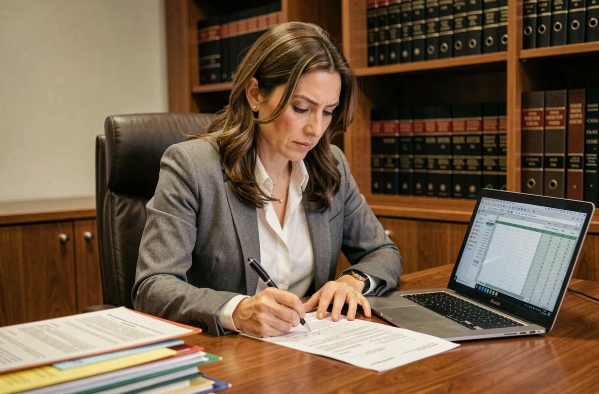 Femme salariée annotant des documents contractuels pour constituer des preuves lors d'un licenciement pour faute grave