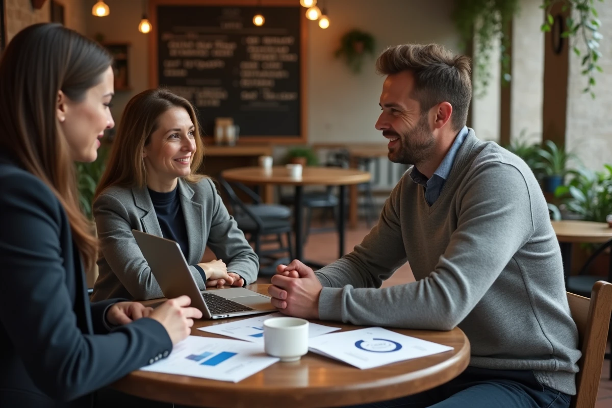 Consultant SEO Rennes en réunion client B2B dans un café moderne, discussion stratégie leads et référencement