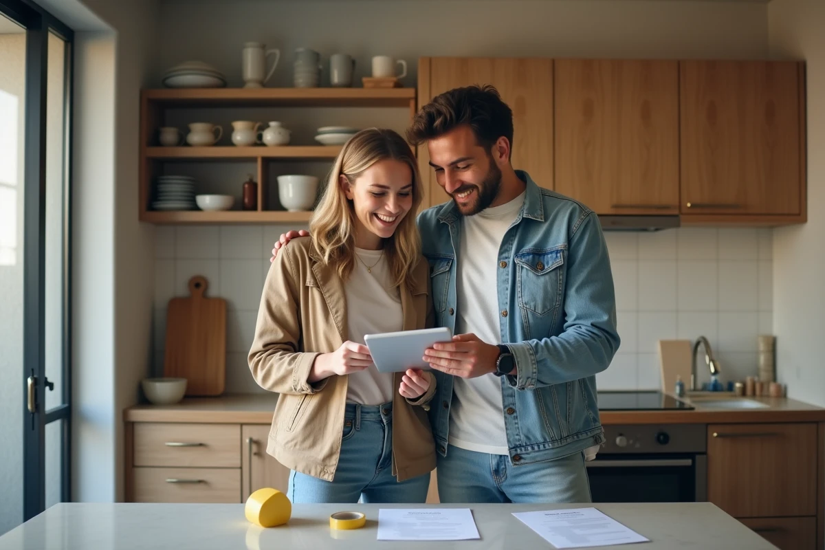Couple gérant les démarches de déménagement Orange avec tablette et documents dans une cuisine