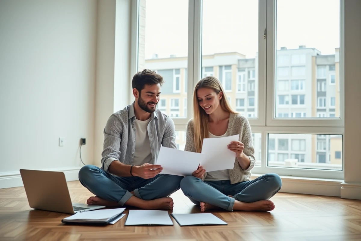 Couple planifiant leur déménagement avec une checklist dans un appartement vide aux parquets en chevrons
