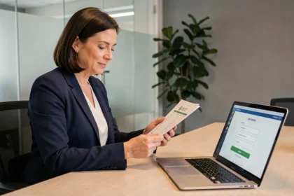 Courtière en assurance vérifiant une check-list de sécurité pour accès extranet AXA sur ordinateur portable en bureau professionnel