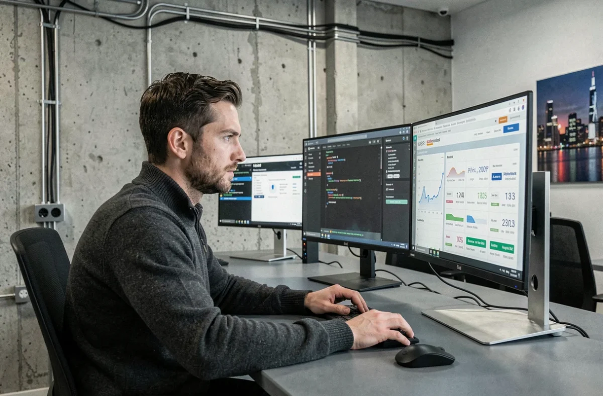 Développeur web de CyberCité concentré sur plusieurs écrans de code et d'analytique dans un bureau au design urbain et technologique